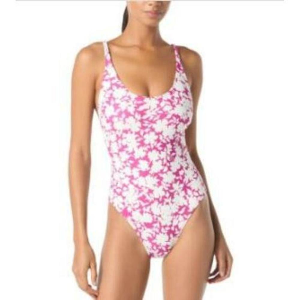 MICHAEL Women's Printed Pink/White Strappy One-Piece Swimsuit 10